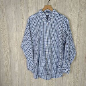 Izod Mens 17 34/35 Button Front Dress Shirt Blue Plaid Long Sleeve Wrinkle Free